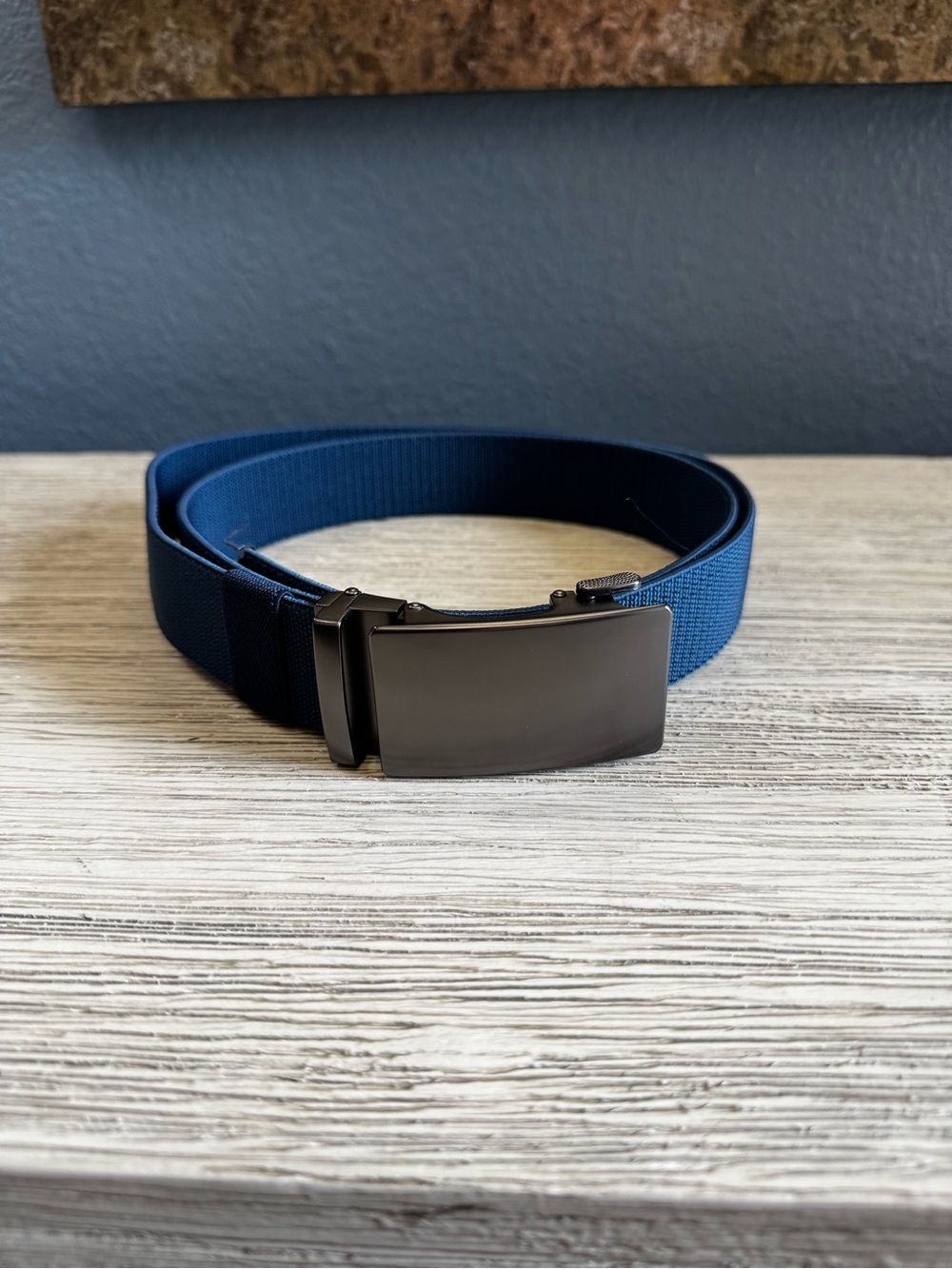 Men's Navy Webbing Ratchet Belt with Black Metal Buckle